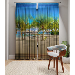 3D Printed Blackout Fabric Set of 2 Curtains for Bedroom (Holiday Hammock between two Palm Trees at Sand Tropical Beach)
