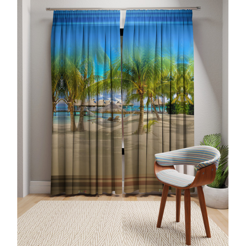 3D Printed Blackout Fabric Set of 2 Curtains for Bedroom (Holiday Hammock between two Palm Trees at Sand Tropical Beach)