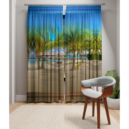 3D Printed Blackout Fabric Set of 2 Curtains for Bedroom (Holiday Hammock between two Palm Trees at Sand Tropical Beach)