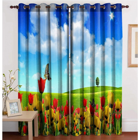 3D Printed Blackout Fabric Set of 2 Curtains for Bedroom (Red & Yellow Tulip with butterfly on Green Mountain in the Sky)