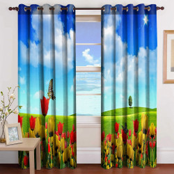 3D Printed Blackout Fabric Set of 2 Curtains for Bedroom (Red & Yellow Tulip with butterfly on Green Mountain in the Sky)