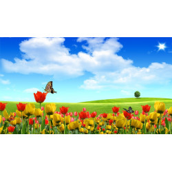 3D Printed Blackout Fabric Set of 2 Curtains for Bedroom (Red & Yellow Tulip with butterfly on Green Mountain in the Sky)
