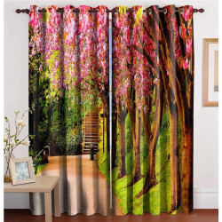 3D Printed Blackout Fabric Set of 2 Curtains for Bedroom (White and Pink Trees at the road side with stairs)