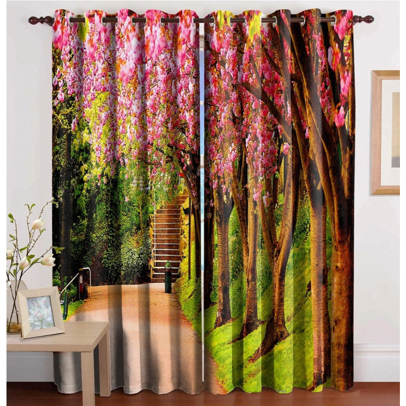 3D Printed Blackout Fabric Set of 2 Curtains for Bedroom (White and Pink Trees at the road side with stairs)