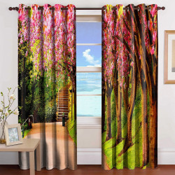 3D Printed Blackout Fabric Set of 2 Curtains for Bedroom (White and Pink Trees at the road side with stairs)