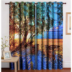 3D Printed Blackout Fabric Set of 2 Curtains for Bedroom (Tree shading two sun beds at the beach in the evening)