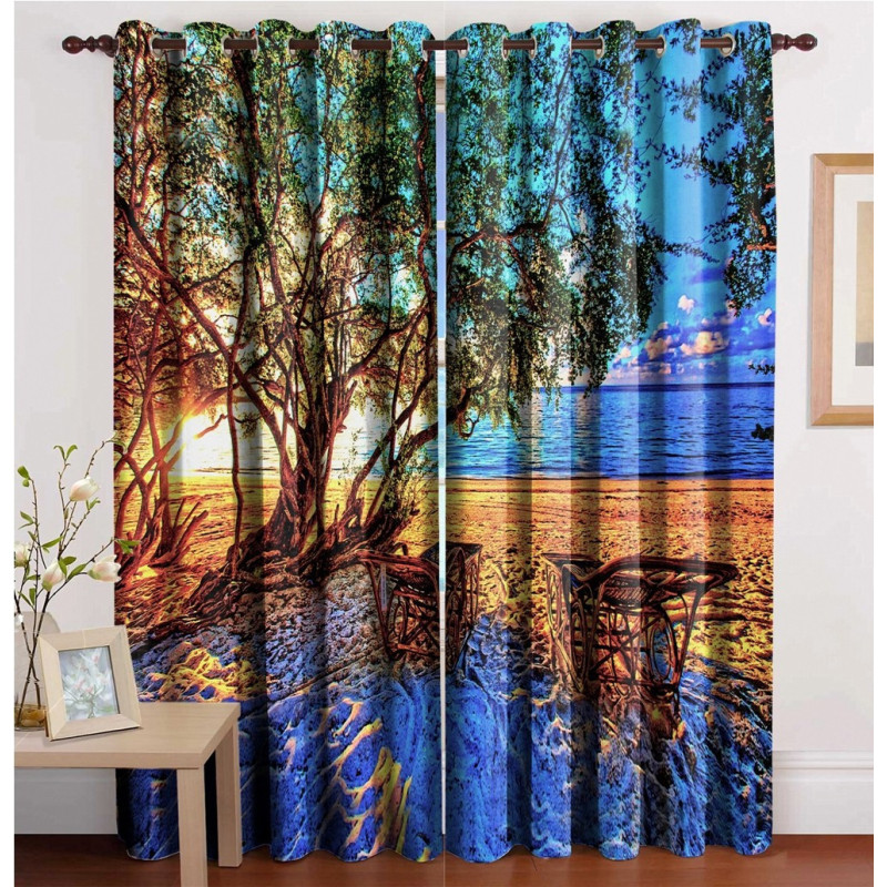 3D Printed Blackout Fabric Set of 2 Curtains for Bedroom (Tree shading two sun beds at the beach in the evening)