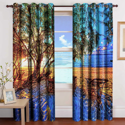3D Printed Blackout Fabric Set of 2 Curtains for Bedroom (Tree shading two sun beds at the beach in the evening)