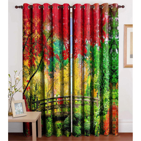 3D Printed Blackout Fabric Set of 2 Curtains for Bedroom (Bridge in Colorful Forest)