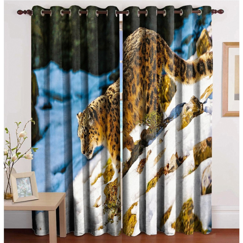 3D Printed Blackout Fabric Set of 2 Curtains for Bedroom (Leopard walking on Icy Hills)