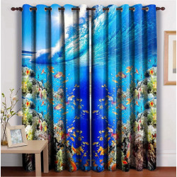 3D Printed Blackout Fabric Set of 2 Curtains for Bedroom (Group of Fish in Sea Wave)