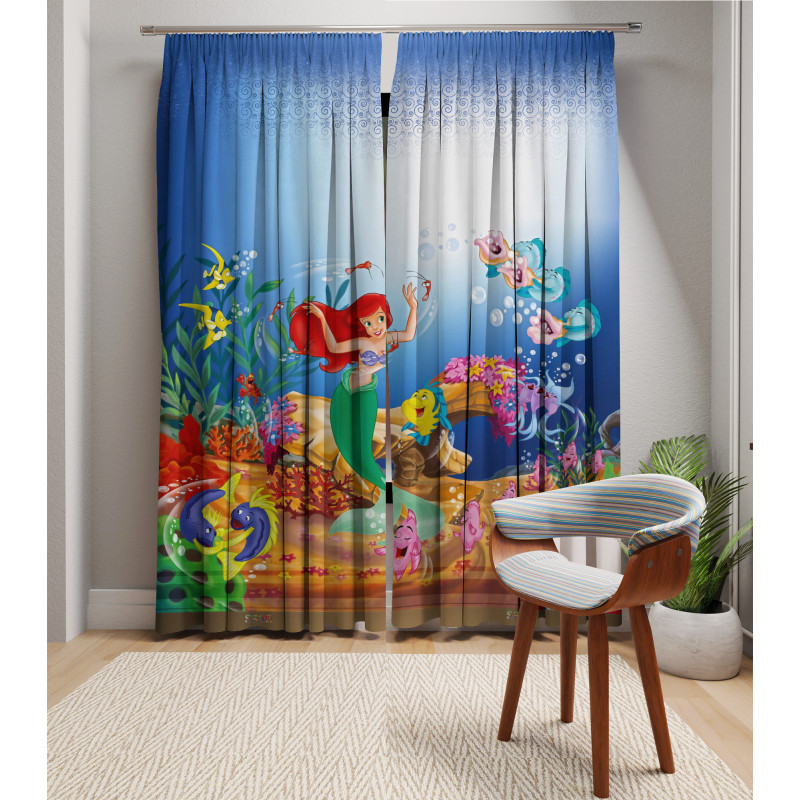 3D Printed Blackout Fabric Set of 2 Curtains for Bedroom (Dancing Little Mermaid with Friends)
