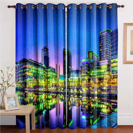 3D Printed Blackout Fabric Set of 2 Curtains for Bedroom (Colorful Building Lights at Sea-Shore of the Media City)