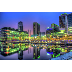 3D Printed Blackout Fabric Set of 2 Curtains for Bedroom (Colorful Building Lights at Sea-Shore of the Media City)