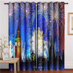 3D Printed Blackout Fabric Set of 2 Curtains for Bedroom (Elizabeth Tower with Sparkling Lights in London Evening)